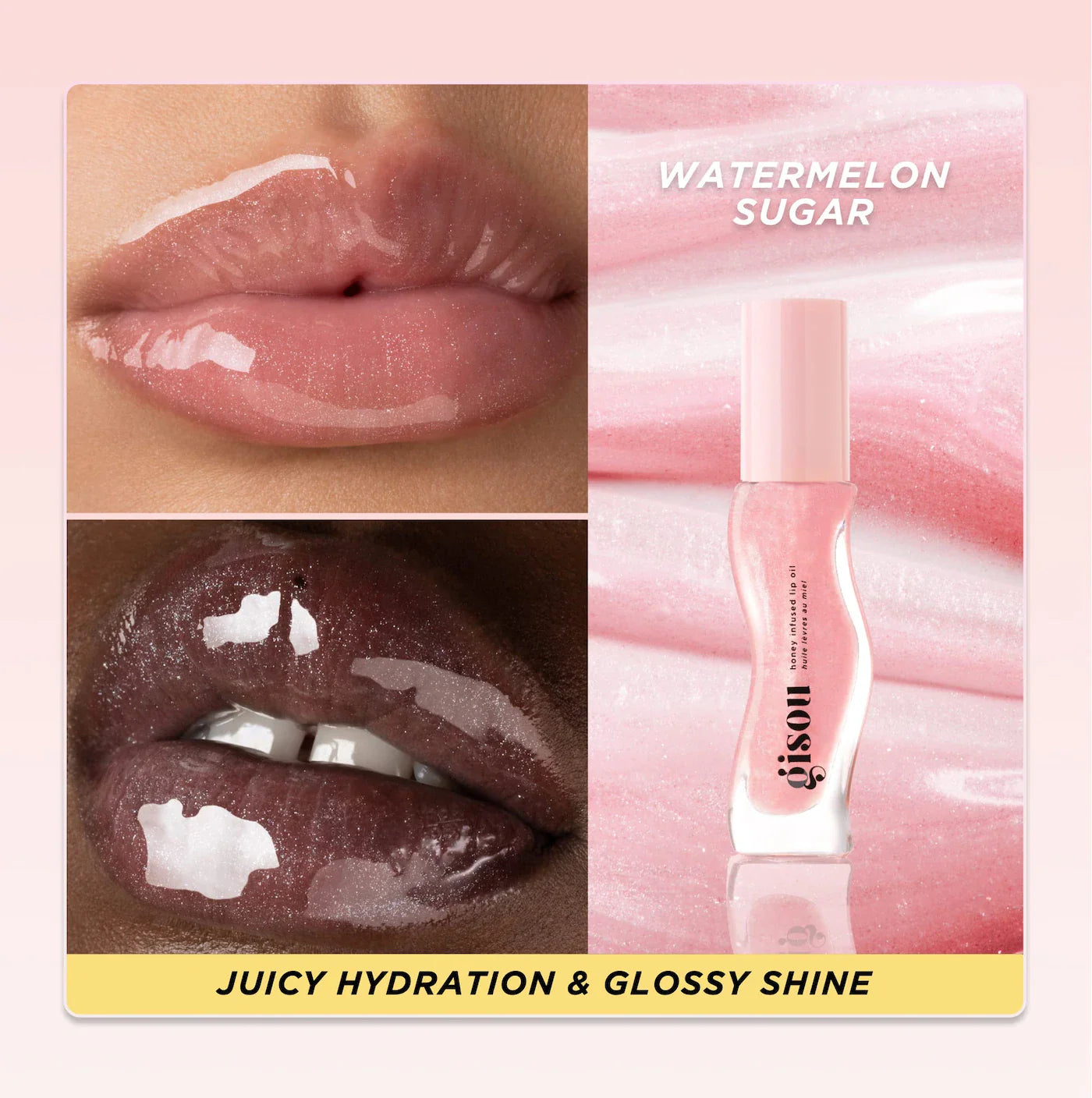 GISOU. Honey Infused Hydrating Lip Oil.  |  Watermelon Sugar -  Clear Pink Shimmer.